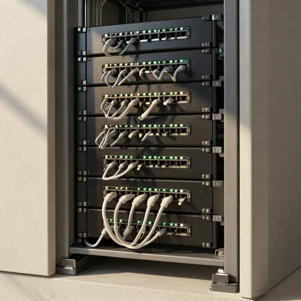 Modern switch stack in a comms closet with glowing ports and tidy patch leads.