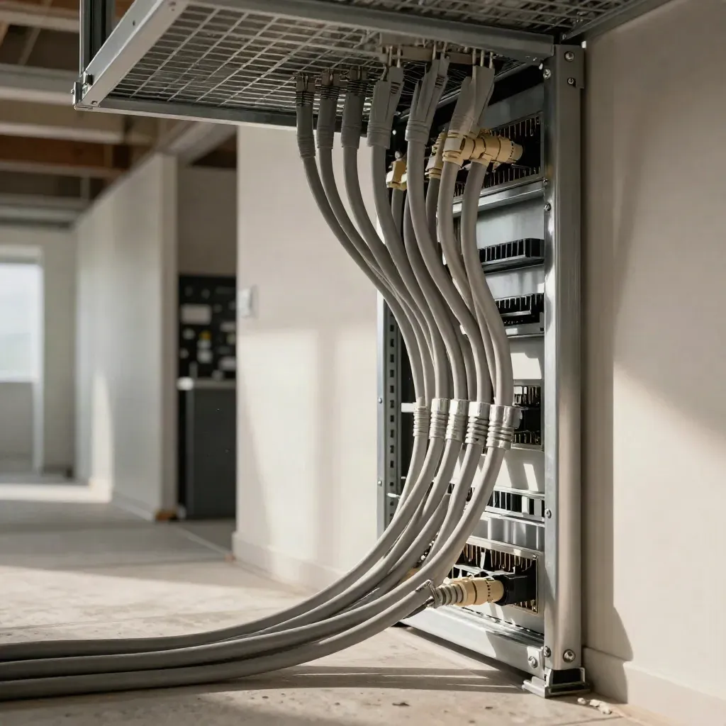 Cat6 cables sweep through a ceiling grid into a neat patch panel in a corridor.
