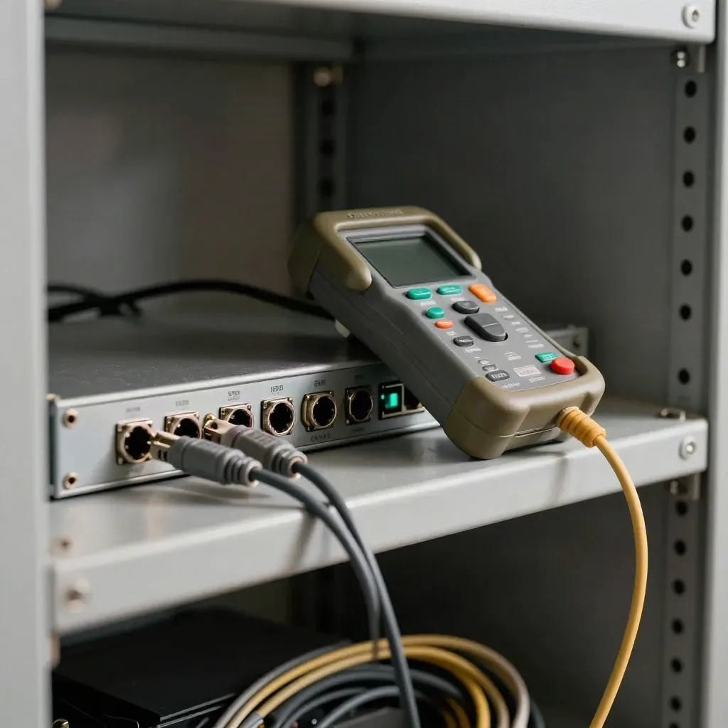Rack shelf with network tester, loopback plug, and open patch panel under cyan light