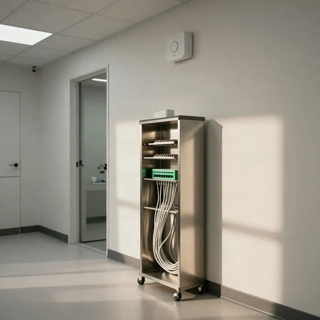 Empty dental clinic comms nook with rack, ceiling AP, green LEDs and tidy uplink