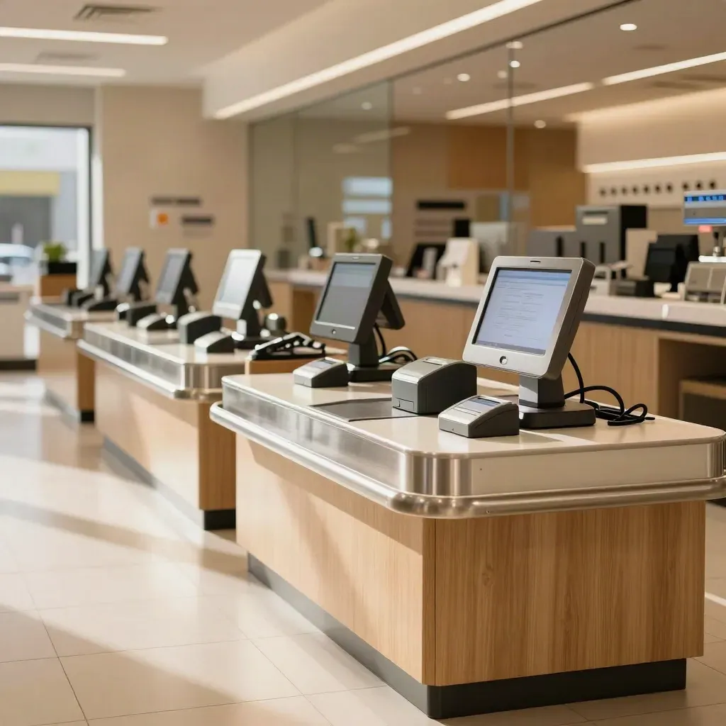 Empty retail checkout lanes with POS terminals, ceiling APs, and a tidy switch rack.