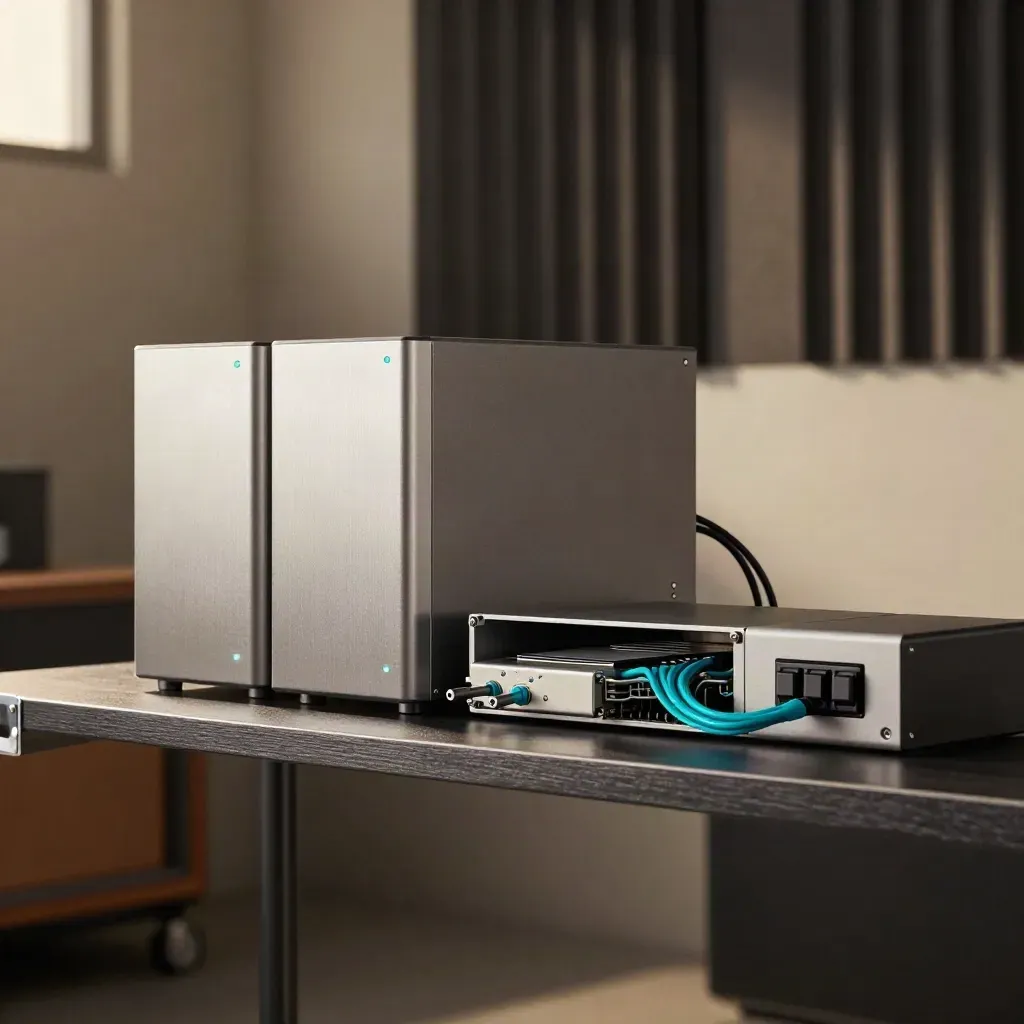 Studio server shelf with NAS units, fiber handoff and audio gear glowing in a dark workspace.