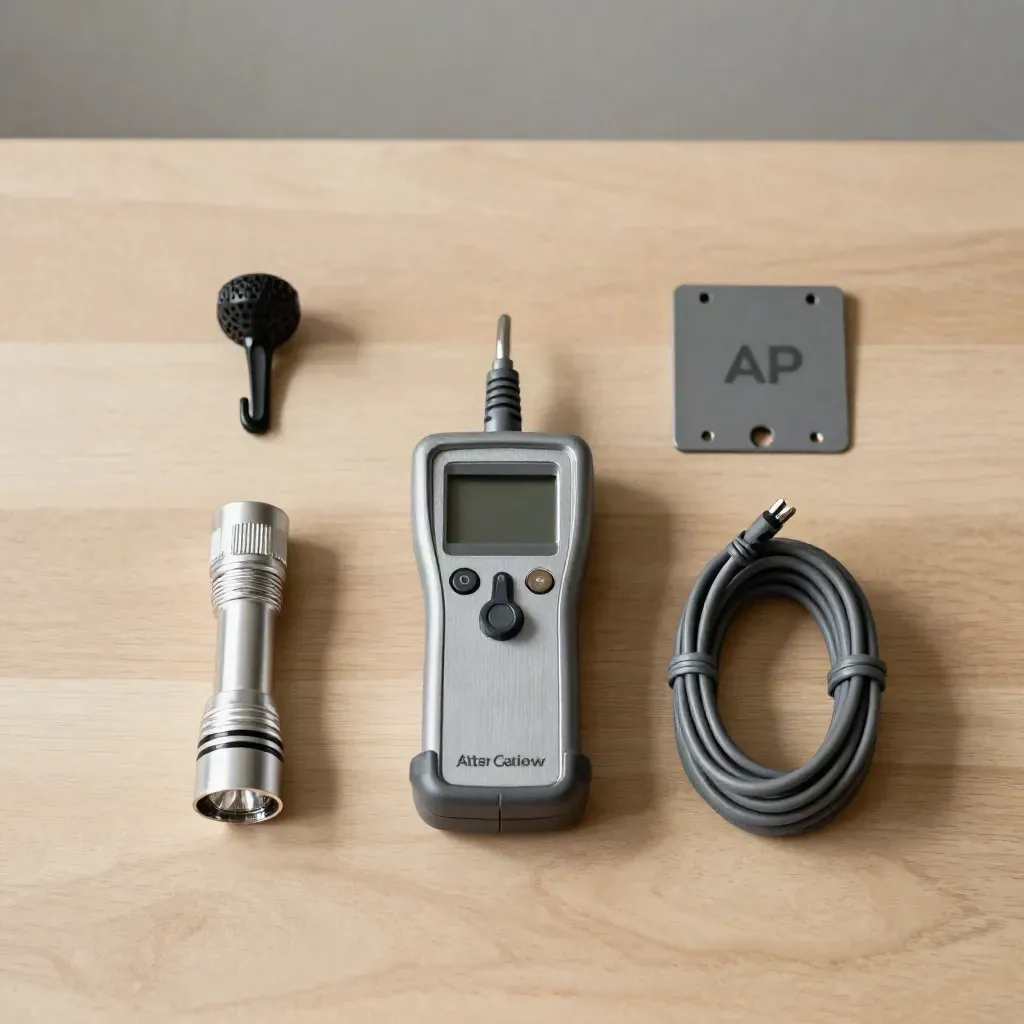 Flat-lay of Ethernet site review tools on pale wood: tester, flashlight, mount plate, hook, Cat6 coil.