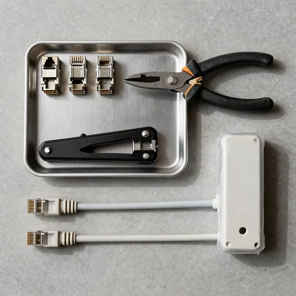 Overhead Ethernet install kit: plugs, punch-down tool, cutter, patch leads, and AP mount on stone.